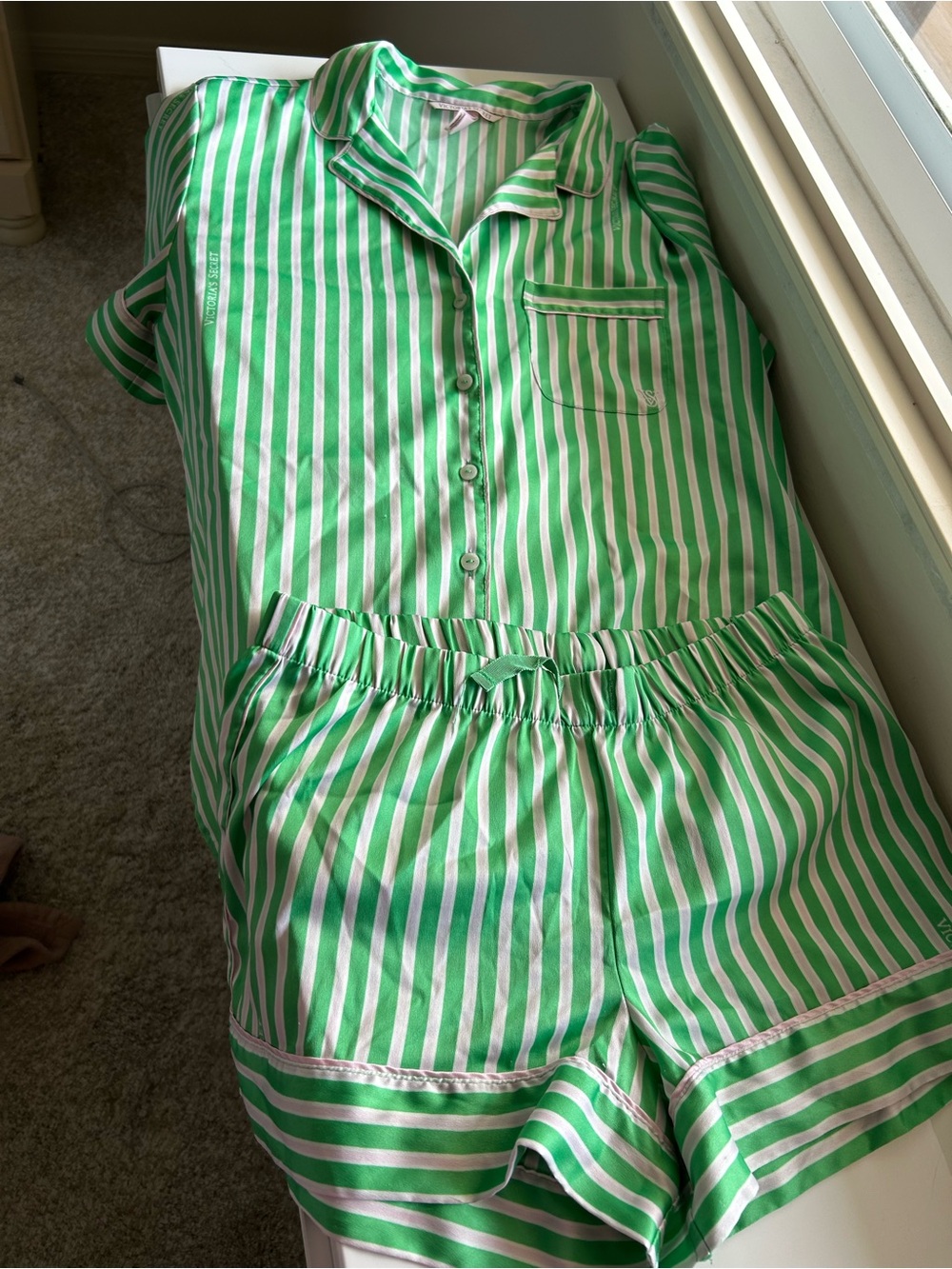 Green and White Striped Kids Pajama Set - Classic Short-Sleeve Top & Shorts